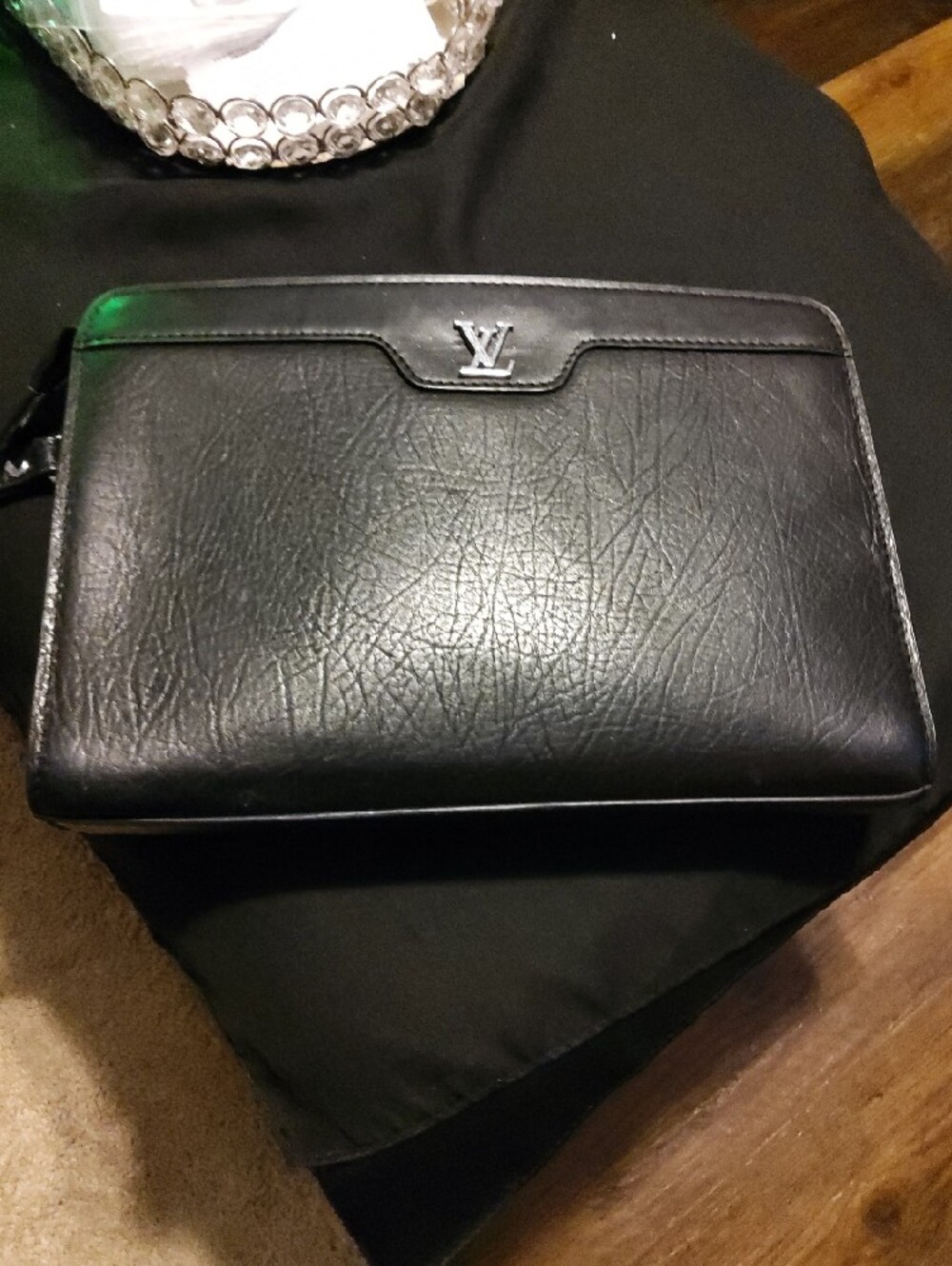 Louis Vuitton Black Leather Zip Pouch with Silver LV Emblem - Picture 6 of 6